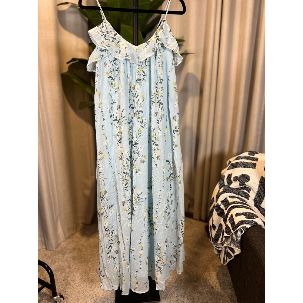Light Blue Floral Butterfly Ruffle Maxi Dress Adjustable Straps Summer Boho